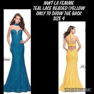 NWT La Femme Teal beaded lace choker gown size 4